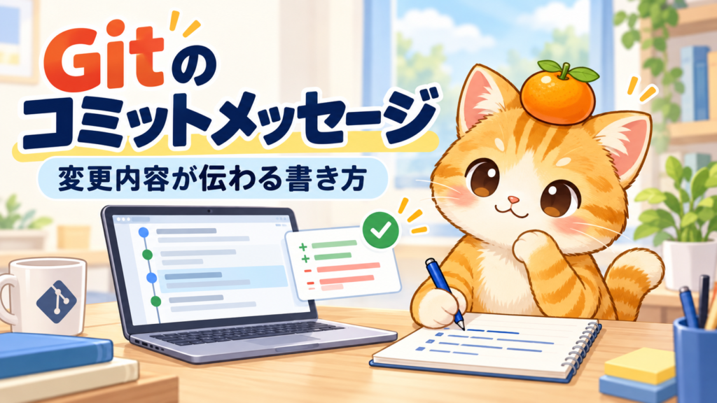 コミットメッセージを書くミカン猫とGit履歴の画面