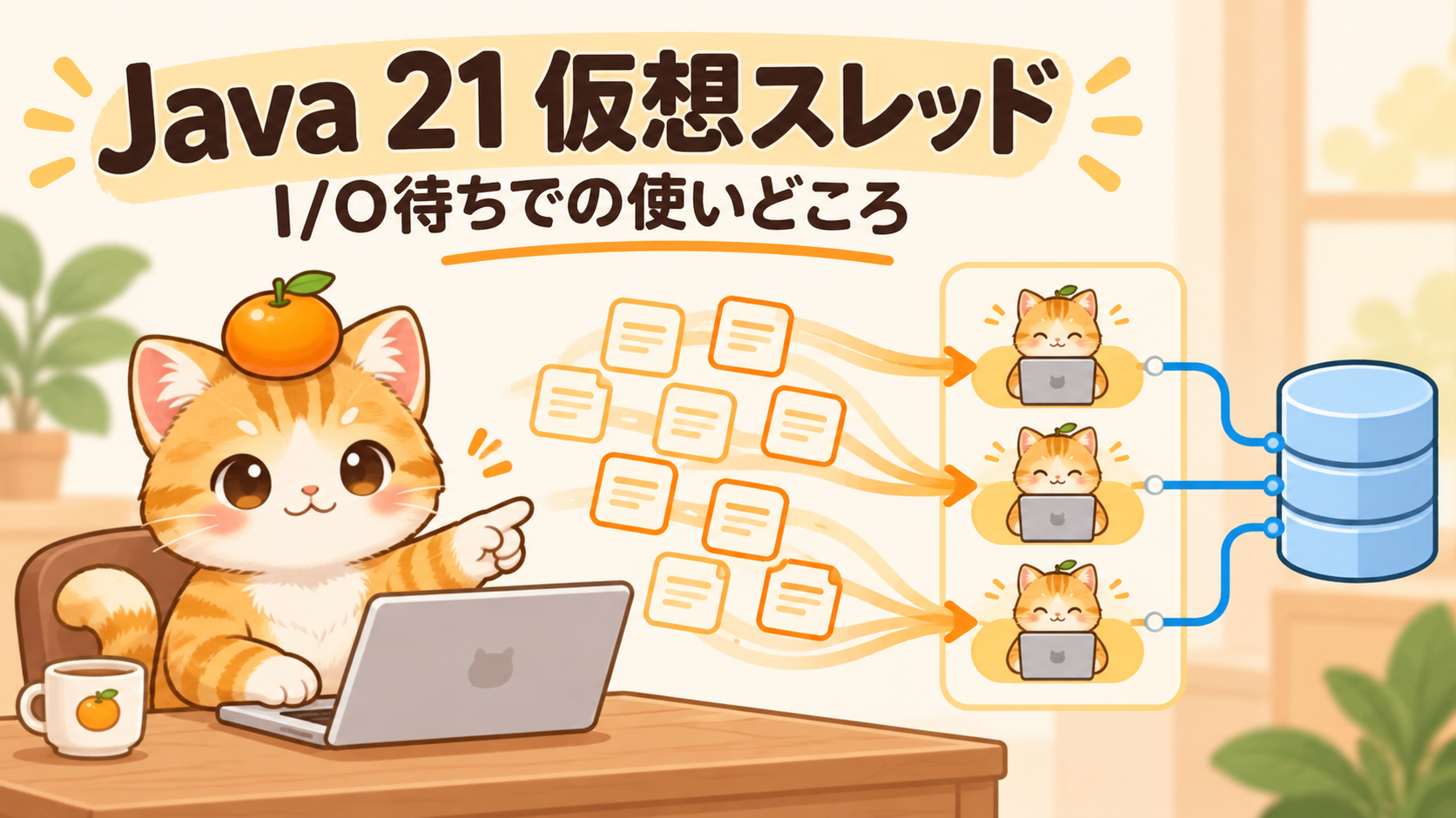 みかん猫がJava 21の仮想スレッドによるI/O待ちの並行処理を説明するアイキャッチ