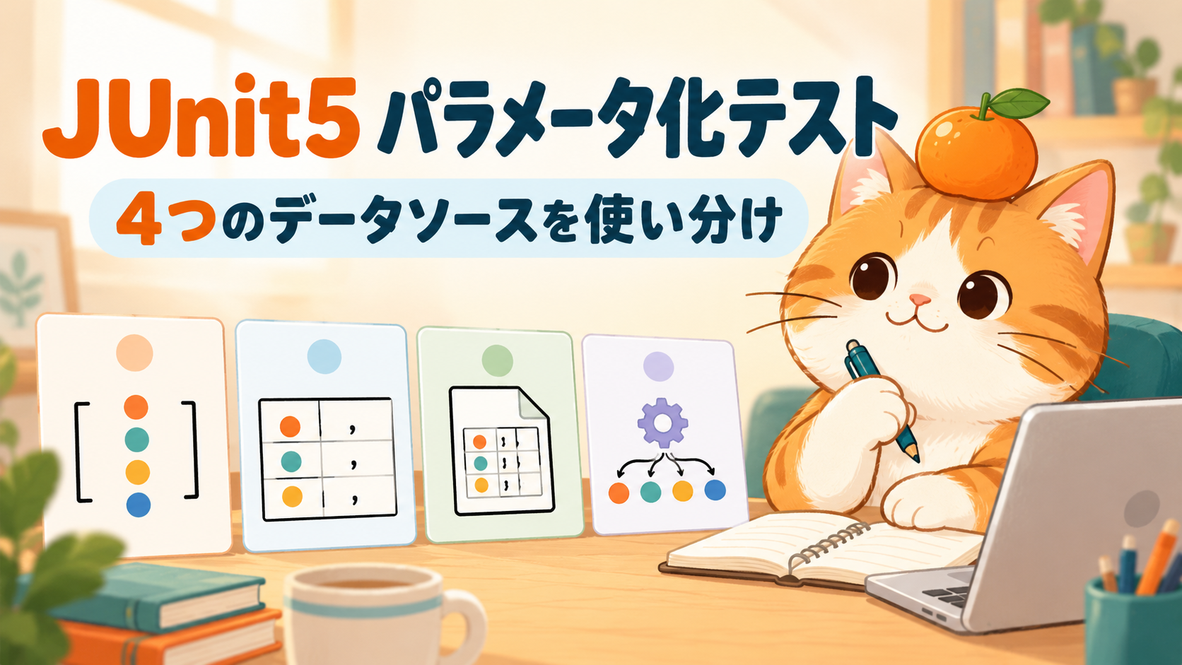 ミカン猫がJUnit5の4種類のパラメータ化テスト用データソースを見比べるイラスト