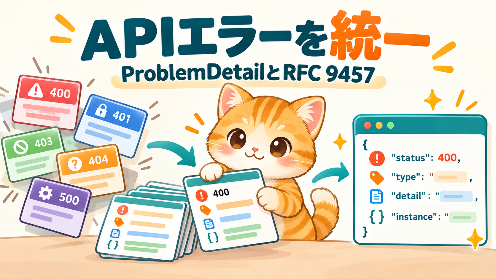 猫とAPIのエラー応答をRFC 9457形式に整理したイラスト
