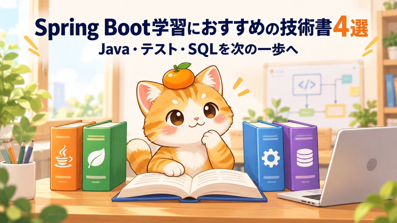 Spring Boot学習におすすめの技術書4選。Java・テスト・SQLの本を前に考えるミカン猫。